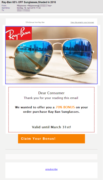 Screenshot of an email with sunglasses spam