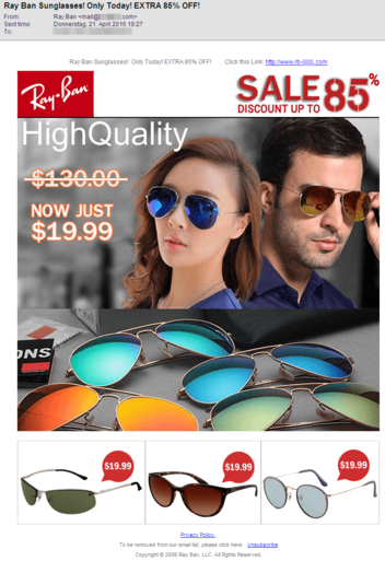 Screenshot of an email with sunglasses spam