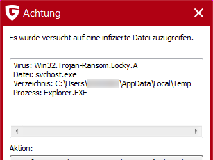 Top German Article 2016: Verschlüsselungs-Trojaner Locky: Das sollten Sie jetzt wissen Screenshot of G DATA's software catching Locky in the act
