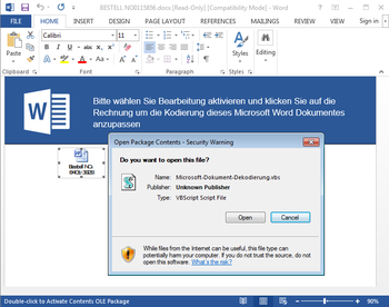 Screenshot: VBS posing as another document, embedded in a DOC file