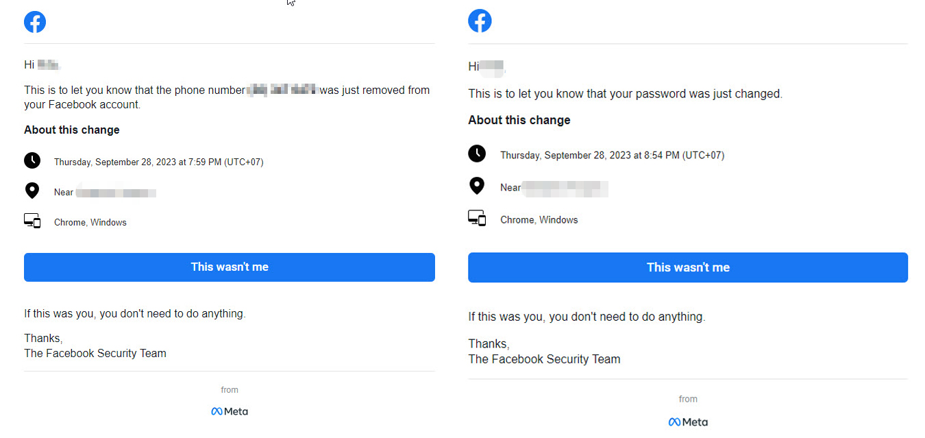 Screenshots of two mails: first in the left message, the recipient is informed that the phone number linked to the account has been deleted Shortly after, the user is informed that the password has been changed.