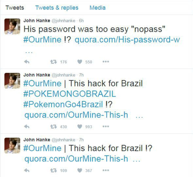 Twitter account of John Hanke with posts from the same group that accessed Zuckerberg's Pinterest account. Source: CNET