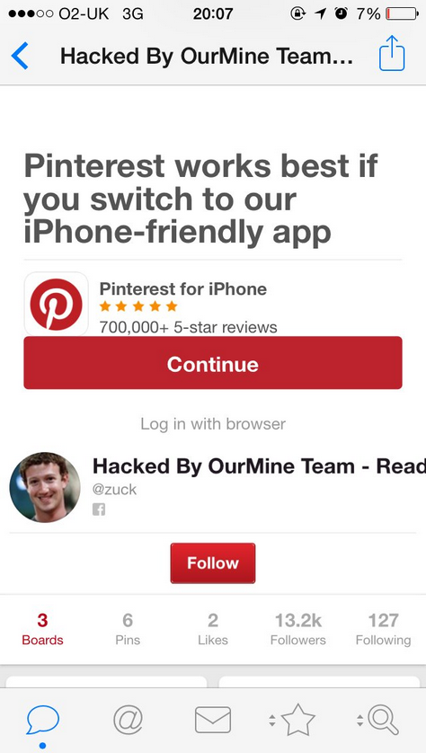 Screenshot of Zuckerberg's hacked Pinterest account. Source: Dailymail.co.uk