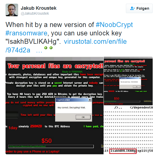 Keys for NoobCrypt Jakub Kroustek found the hardcoded keys for NoobCrypt.