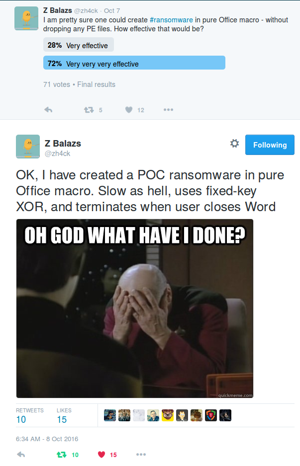 Macro ransomware by @zh4ck Tweet by Security researcher @zh4ck