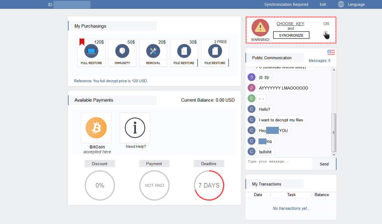 The Spora payment site includes a chat system and provides several decryption packages with varying prices Screenshot of the Spora payment site