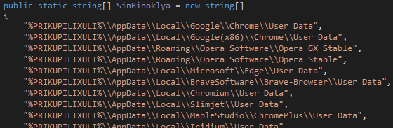 The SinBinoklya array contains file paths pointing to user data directories for various web browsers, including Chrome, Opera, Edge, Brave, Chromium, Slimjet, ChromePlus, and Iridium. These paths suggest the script is targeting browser profile data for data extraction or theft.