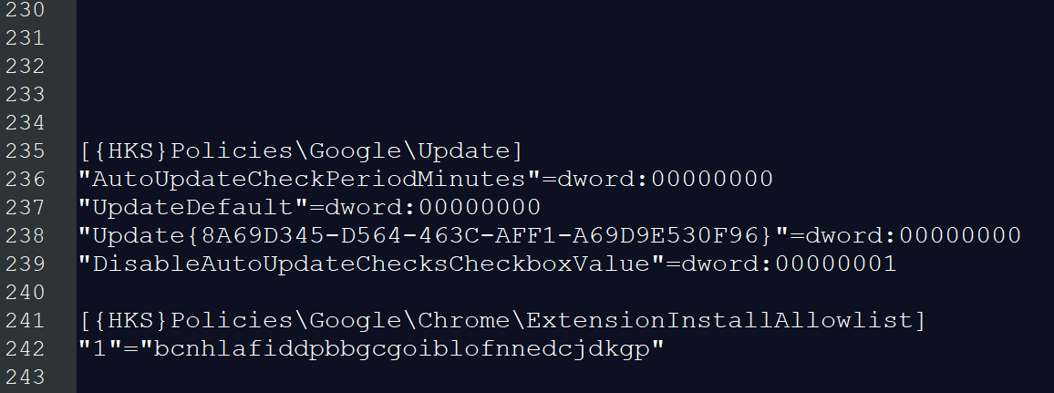 Windows registry configuration disables Google Chrome auto-updates by setting update check intervals and defaults to zero and deactivating update checks. Additionally, only a specific Chrome extension ID is allowed for installation via the ExtensionInstallAllowlist.