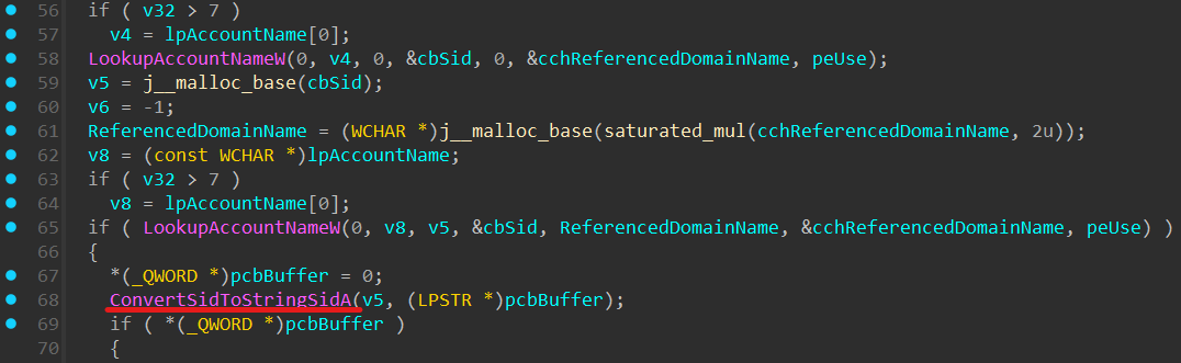The code snippet allocates memory for a SID (Security Identifier) and its associated domain name, then attempts to look up and convert the SID to a readable string format. It uses Windows API functions like LookupAccountNameW and ConvertSidToStringSidA to perform these operations.