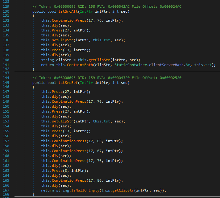 The code defines two methods, tstSrcAft and tstSrcBef, which simulate keypresses and clipboard operations with delays. Both functions interact with the clipboard, perform combination key presses, and retrieve string data to check if certain conditions are met or if the clipboard string is empty.