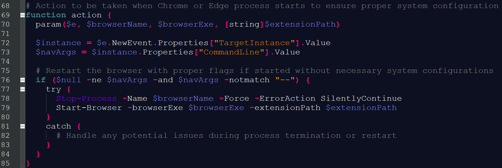 Bildbeschreibungen // ALT-Tags für Bilder said: A PowerShell function checks if Chrome or Edge has started without required flags and restarts it with the correct configuration. It retrieves process arguments, stops the browser if needed, and relaunches it with a specified extension path.