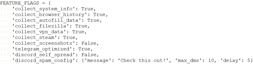 history, autofill data, VPN data, and more. It also includes a small Discord spam configuration containing a message, a maximum number of DMs, and a delay value.