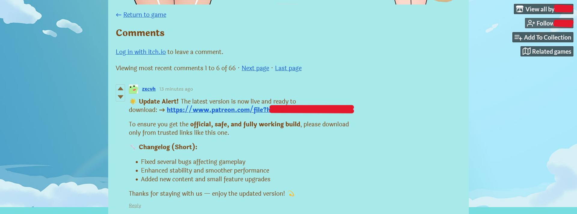 Comment section on an itch.io page with a user named “zxcvh” posting an Update Alert! message that includes a Patreon download link (partially redacted in red). The comment highlights that the build is “official, safe, and fully working” and lists a short changelog with bug fixes, stability improvements, and small feature upgrades.