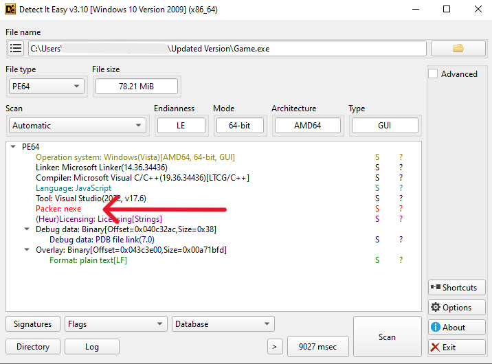 A software analysis window from “Detect It Easy v3.10” shows the file path to Game.exe, its size of 78.21 MiB, and various detected attributes such as operating system, compiler, JavaScript as the language, Visual Studio (2022, v17.6) as the tool, and “nexe” listed as the packer. A highlighted red underline emphasizes the “Packer: nexe” entry in the PE64 information panel.