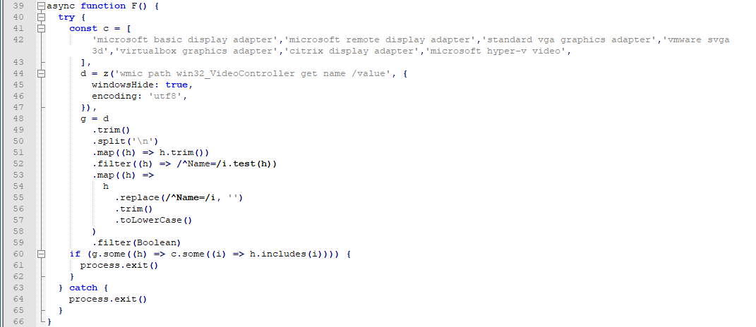 JavaScript code defining an async function that retrieves video controller information via a WMIC command, parses the output and normalizes detected GPU names. The function compares these names against a list of virtual or basic graphics adapters and exits the process if any match is found.