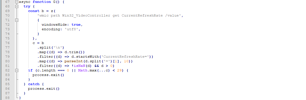 JavaScript code defining an async function that queries the current screen refresh rate via a WMIC command, extracts numeric values from the output and filters out invalid entries. The function exits the process if no valid values are found or if the highest detected refresh rate is below 29 Hz.