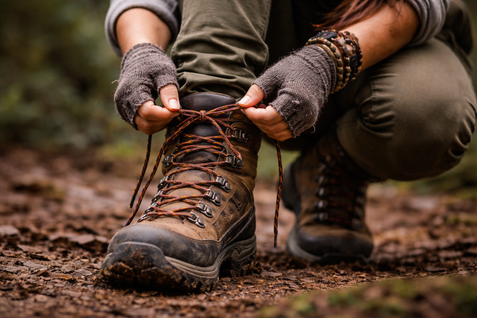 Eine Person kniet auf einem Waldweg und bindet mit fingerlosen Handschuhen die Schnürsenkel eines robusten, schmutzigen Wanderschuhs. Der Fokus liegt auf den Händen, dem Schuh und dem erdigen Untergrund, während der Hintergrund unscharf bleibt.